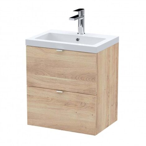 Hudson Reed Fusion Wall Hung 2-Drawer Vanity Unit with Ceramic Basin 500mm Wide - Bleached Oak