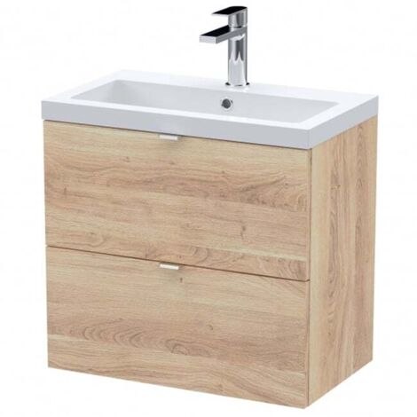 Hudson Reed Fusion Wall Hung 2-Drawer Vanity Unit with Ceramic Basin 600mm Wide - Bleached Oak
