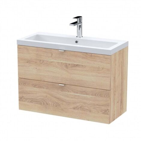 Hudson Reed Fusion Wall Hung 2-Drawer Vanity Unit with Ceramic Basin 800mm Wide - Bleached Oak