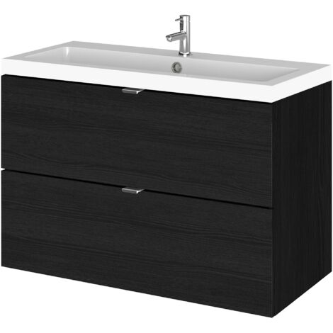Hudson Reed Fusion Wall Hung 2-Drawer Vanity Unit with Ceramic Basin 820mm Wide - Charcoal Black Woodgrain