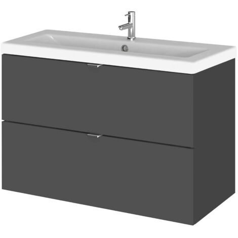 Hudson Reed Fusion Wall Hung 2-Drawer Vanity Unit with Ceramic Basin 820mm Wide - Gloss Grey