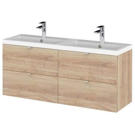 Hudson Reed Fusion Wall Hung 4-Drawer Vanity Unit with Double Basin 1200mm Wide - Bleached Oak
