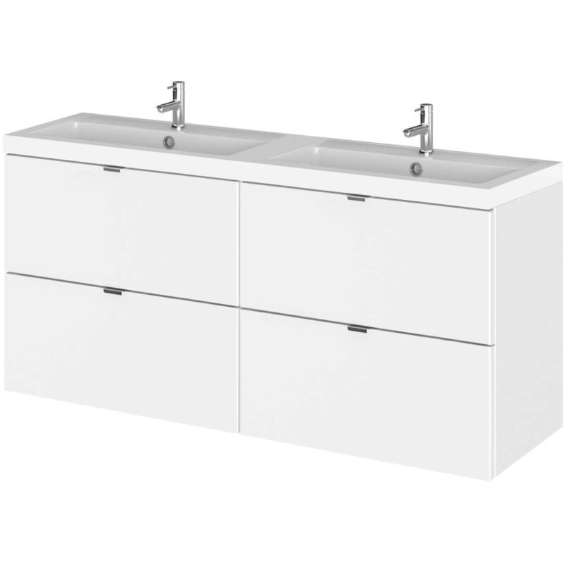 Fusion Gloss White 1200mm Wall Hung Full Depth 4 Drawer Vanity Unit with Double Basin - CBI132 - Hudson Reed