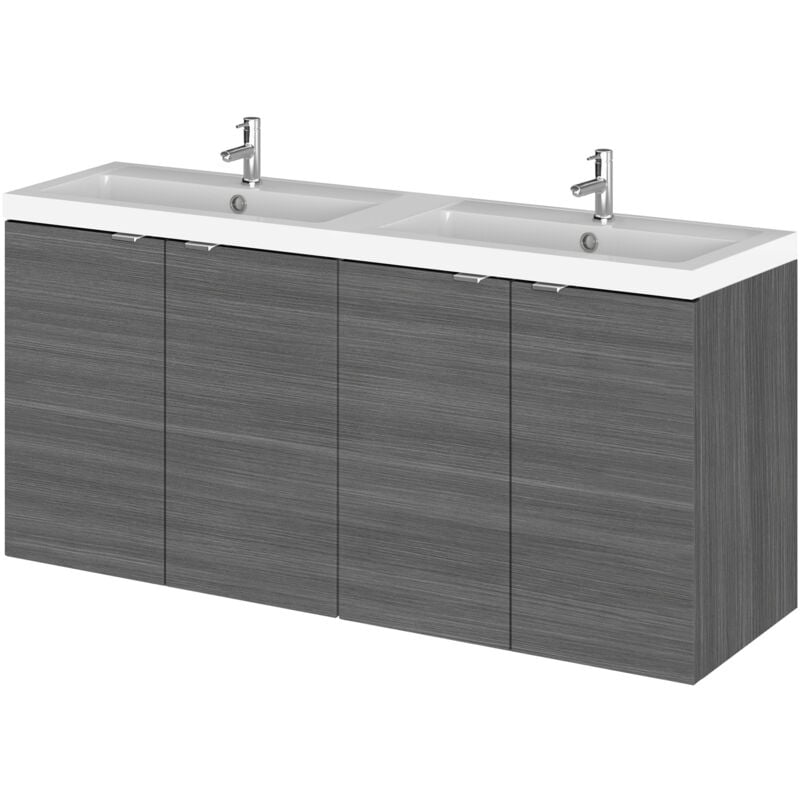 Fusion Wall Hung 4-Door Vanity Unit with Double Basin 1200mm Wide - Anthracite Woodgrain - Hudson Reed