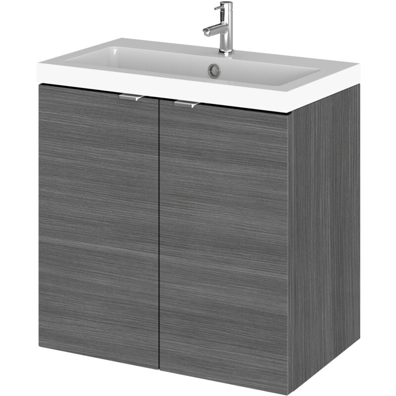 Fusion Wall Hung 2-Door Vanity Unit with Basin 600mm Wide - Anthracite Woodgrain - Hudson Reed