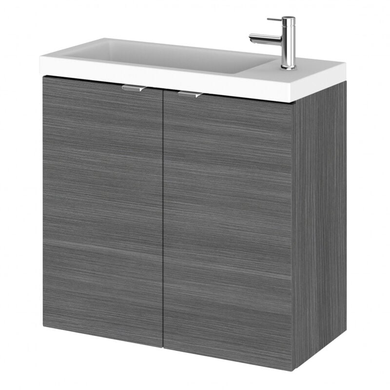 Fusion Wall Hung 2-Door Vanity Unit with Compact Basin 600mm Wide - Anthracite Woodgrain - Hudson Reed