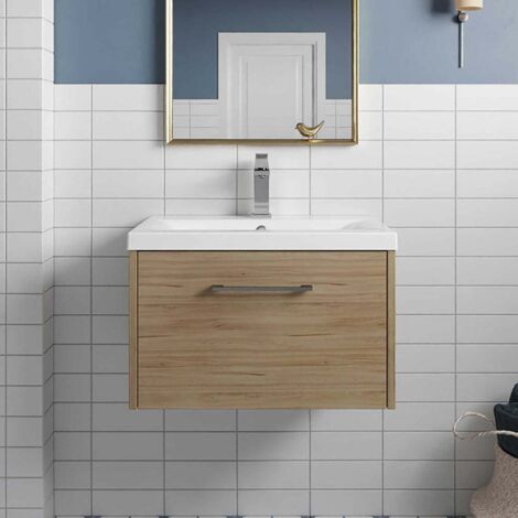 Hudson Reed Juno Autumn Oak Woodgrain 600mm Wall Hung Single Drawer Vanity Unit and Curved Ceramic Basin - JNU1822G