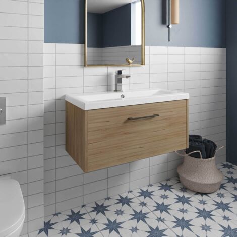 Hudson Reed Juno Autumn Oak Woodgrain 800mm Wall Hung Single Drawer Vanity Unit and Thin Edge Ceramic Basin - JNU1825D