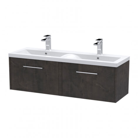 Hudson Reed Juno Matt Metallic Slate 1200mm Wall Hung 2 Drawer Vanity Unit and Twin Ceramic Basins - JNU2622F