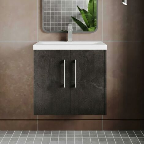 Hudson Reed Juno Matt Metallic Slate 600mm Wall Hung 2 Door Vanity Unit and Minimalist Ceramic Basin - JNU2623B