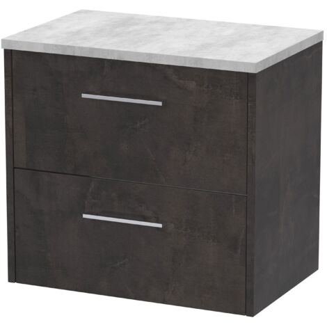 Hudson Reed Juno Matt Metallic Slate 600mm Wall Hung 2 Drawer Vanity Unit with Bellato Grey Worktop - JNU2624LBG