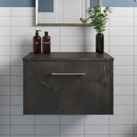 Hudson Reed Juno Matt Metallic Slate 600mm Wall Hung Single Drawer Vanity Unit with Worktop - JNU2622W