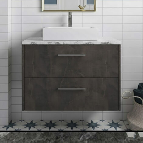 Hudson Reed Juno Matt Metallic Slate 800mm Wall Hung 2 Drawer Vanity Unit with Carrera Marble Worktop - JNU2626LCM