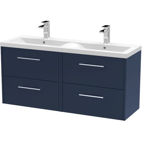 Hudson Reed Juno Satin Midnight Blue 1200mm Wall Hung 4 Drawer Vanity Unit and Twin Ceramic Basins - JNU2924F