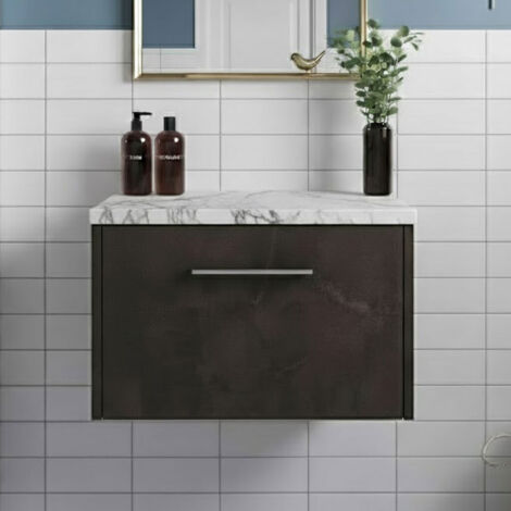 Hudson Reed Juno Wall Hung 1-Drawer Vanity Unit with Carrera Marble Worktop 600mm Wide - Metallic Slate