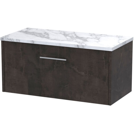 Hudson Reed Juno Wall Hung 1-Drawer Vanity Unit with Carrera Marble Worktop 800mm Wide - Metallic Slate