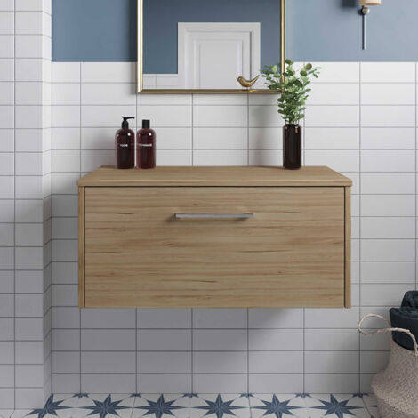 Hudson Reed Juno Wall Hung 1-Drawer Vanity Unit with Worktop 800mm Wide - Autumn Oak
