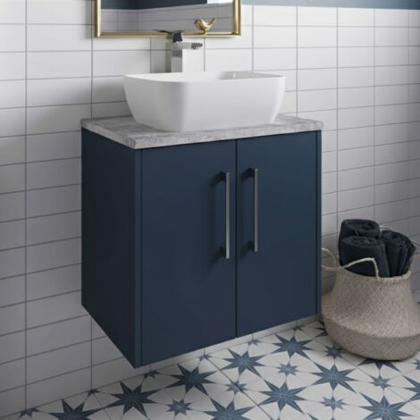 Hudson Reed Juno Wall Hung 2-Door Vanity Unit with Bellato Grey Worktop 600mm Wide - Midnight Blue
