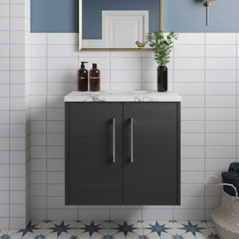 Hudson Reed Juno Wall Hung 2-Door Vanity Unit with Carrera Marble Worktop 600mm Wide - Graphite Grey Woodgrain
