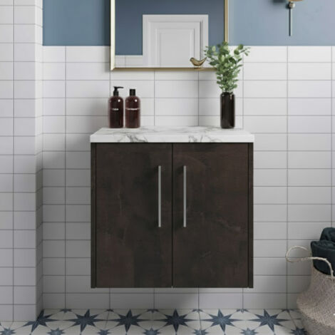 Hudson Reed Juno Wall Hung 2-Door Vanity Unit with Carrera Marble Worktop 600mm Wide - Metallic Slate