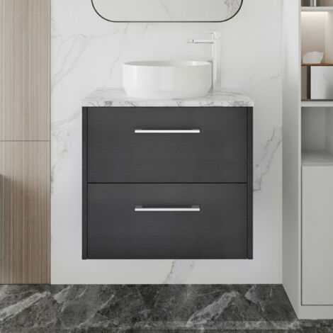 Hudson Reed Juno Wall Hung 2-Drawer Vanity Unit with Carrera Marble Worktop 600mm Wide - Graphite Grey Woodgrain