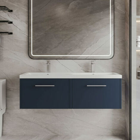 Hudson Reed Juno Wall Hung 2-Drawer Vanity Unit with Double Basin 1200mm Wide - Midnight Blue