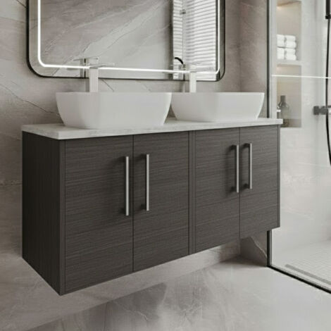 Hudson Reed Juno Wall Hung 4-Door Vanity Unit with Bellato Grey Worktop 1200mm Wide - Graphite Grey Woodgrain