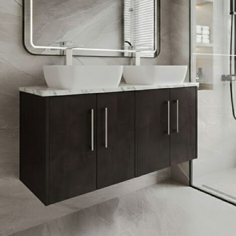 Hudson Reed Juno Wall Hung 4-Door Vanity Unit with Carrera Marble Worktop 1200mm Wide - Metallic Slate