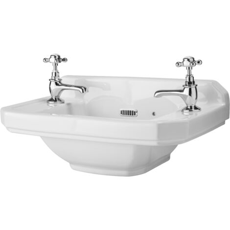 Hudson Reed – Lavabo suspendu rétro 51 x 30cm en céramique blanche – Avec trop-plein – Installation murale – Percé pour robinetterie excentrée