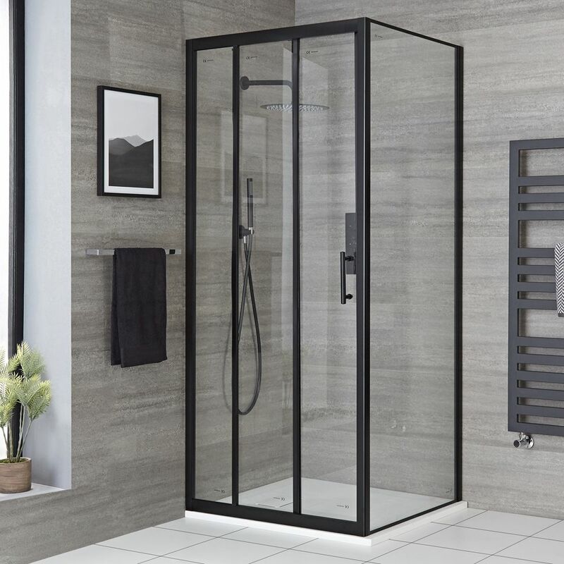 Nox - Douche Italienne d'Angle avec Porte Coulissante Triple Volet et Receveur de Douche Effet Texturé Blanc 80cm x 90cm - Noir - Hudson Reed