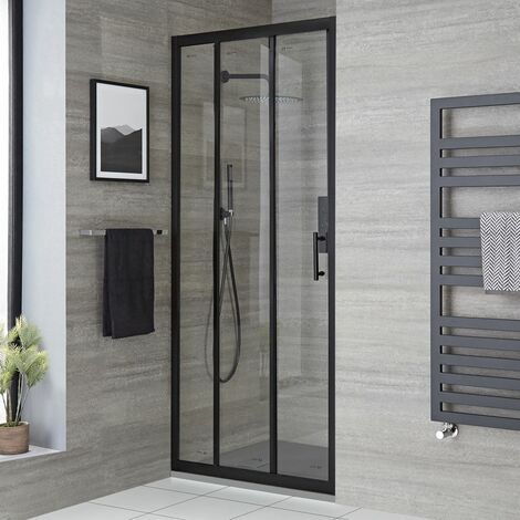 Hudson Reed Nox - Porte de Douche Coulissante à Trois Volets avec Receveur Effet Texturé Gris Clair - 80 x 80cm - Noir