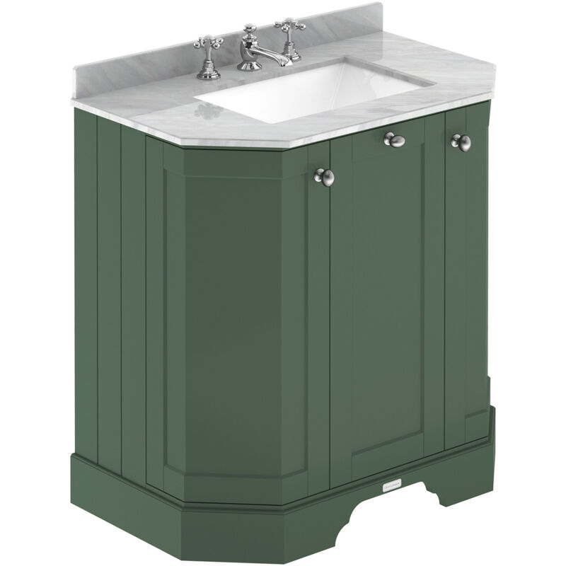 Old London Hunter Green 750Mm Angled 3 Door Vanity Unit With Grey Marble Top And Basin With 3 Tap Holes - Lof813