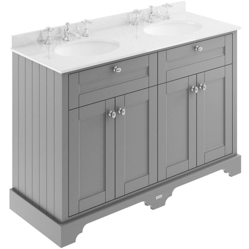 Old London Storm Grey 1200mm 4 Door Vanity Unit with White Marble Top and Double 3 Tap Hole Basins - LOF267