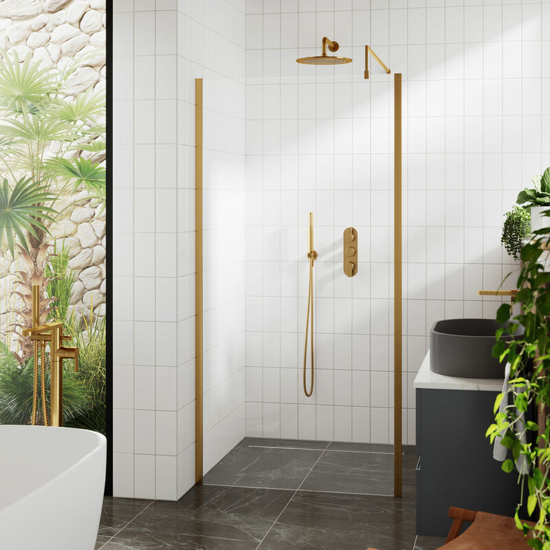 outer framed brushed brass wetroom screen with support bar 1200mm w x 1950mm h - 8mm glass - hudson reed