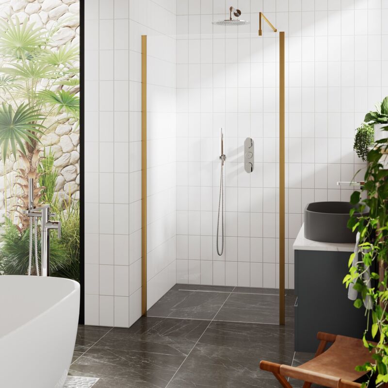 outer framed brushed brass wetroom screen with support bar 800mm w x 1950mm h - 8mm glass - hudson reed
