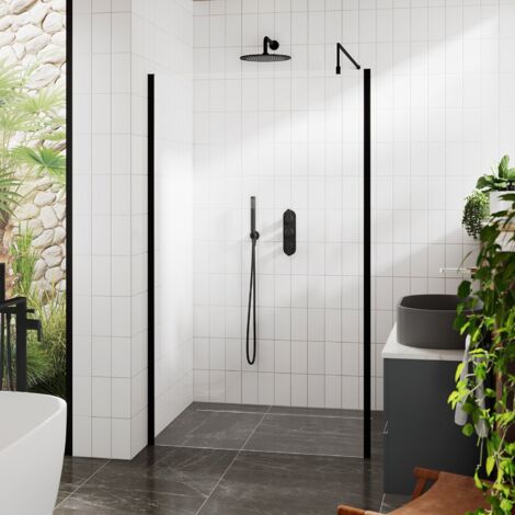 Hudson Reed Outer Framed Matt Black Wetroom Screen with Support Bar 1000mm W x 1950mm H - 8mm Glass