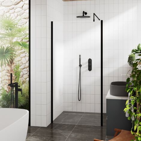 Hudson Reed Outer Framed Matt Black Wetroom Screen with Support Bar 900mm W x 1950mm H - 8mm Glass
