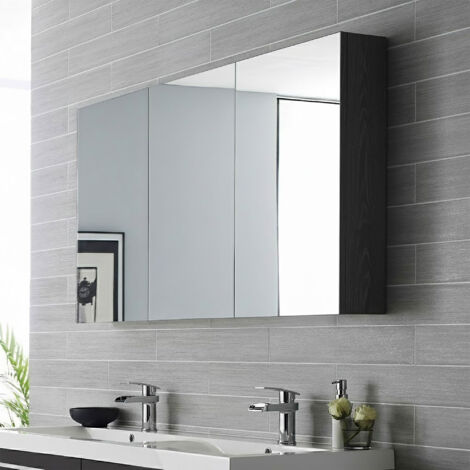 Hudson Reed Quartet Charcoal Black Woodgrain 1350mm 3 Door Mirrored Cabinet - QUA011