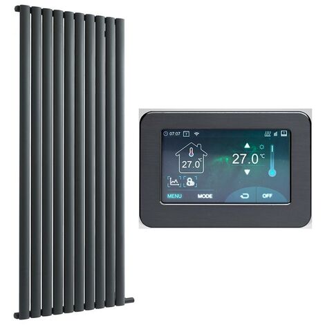 Hudson Reed – Radiateur électrique vertical à inertie sèche 500W – Aluminium anthracite – 178cm x 59cm – Thermostat Wi-Fi tactile 4.3 pouces