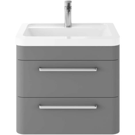 Hudson Reed Solar Matt Cool Grey 600mm Wall Hung 2 Drawer Vanity Unit and Ceramic Basin - SOL202A