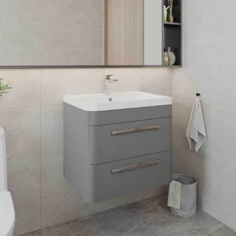 Hudson Reed Solar Matt Cool Grey 600mm Wall Hung 2 Drawer Vanity Unit and Polymarble Basin - SOL202