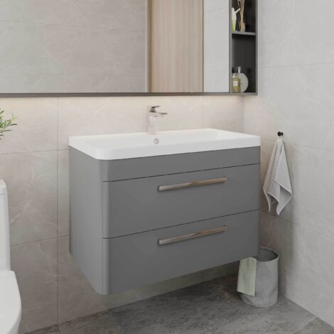 Hudson Reed Solar Matt Cool Grey 800mm Wall Hung 2 Drawer Vanity Unit and Ceramic Basin - SOL204A