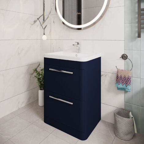 Hudson Reed Solar Matt Indigo Blue 600mm Floor Standing 2 Drawer Vanity Unit and Polymarble Basin - SOL301