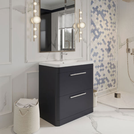 Hudson Reed Solar Matt Indigo Blue 800mm Floor Standing 2 Drawer Vanity Unit and Ceramic Basin - SOL303A