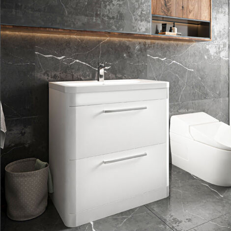 Hudson Reed Solar Matt Pure White 800mm Floor Standing 2 Drawer Vanity Unit and Ceramic Basin - SOL103A