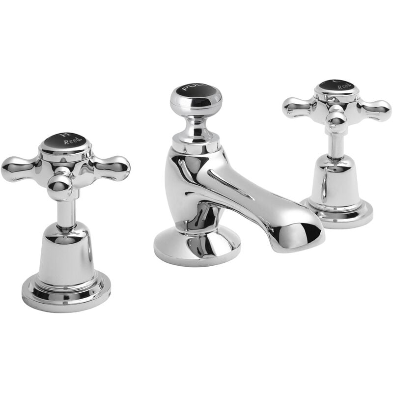 Hudson Reed Topaz Black Crosshead 3TH Basin Mixer Tap with Pop Up Waste Dome Collar