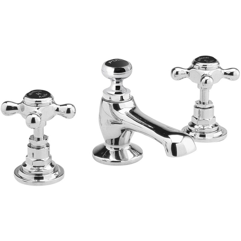 Hudson Reed Topaz Black Crosshead 3TH Basin Mixer Tap with Pop Up Waste Hexagonal Collar