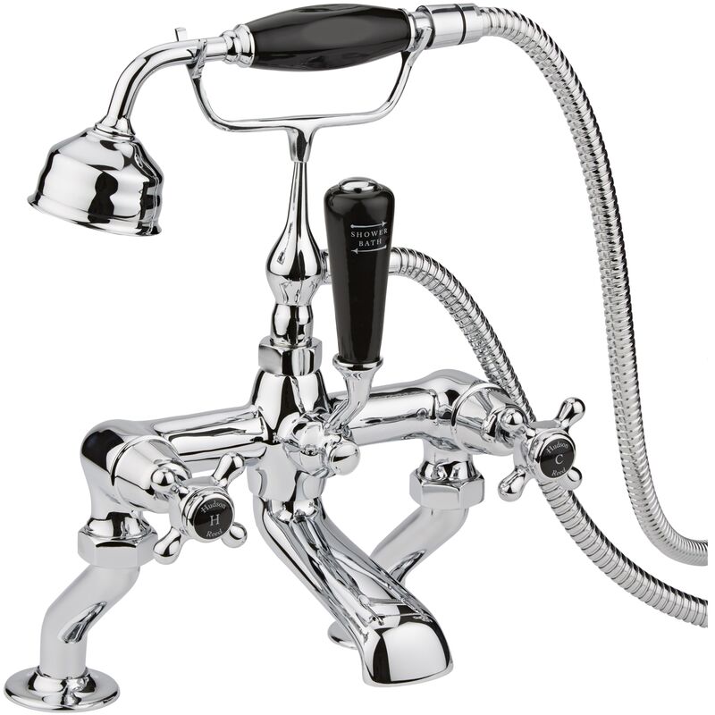 Topaz Black Crosshead Bath Shower Mixer Tap with Shower Kit Dome Collar - Hudson Reed