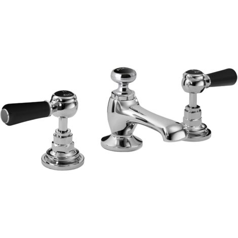 Hudson Reed Topaz Black Lever 3-Hole Basin Mixer Tap with Pop Up Waste Hexagonal Collar