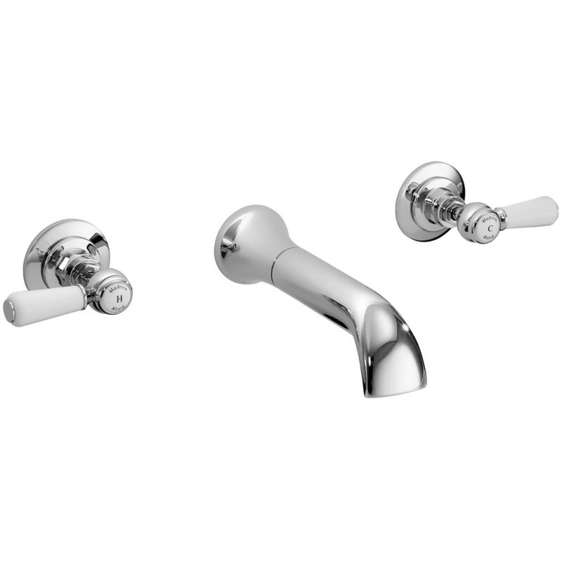 White Topaz Lever 3-Hole Basin Mixer Tap Wall Mounted - Chrome - Hudson Reed
